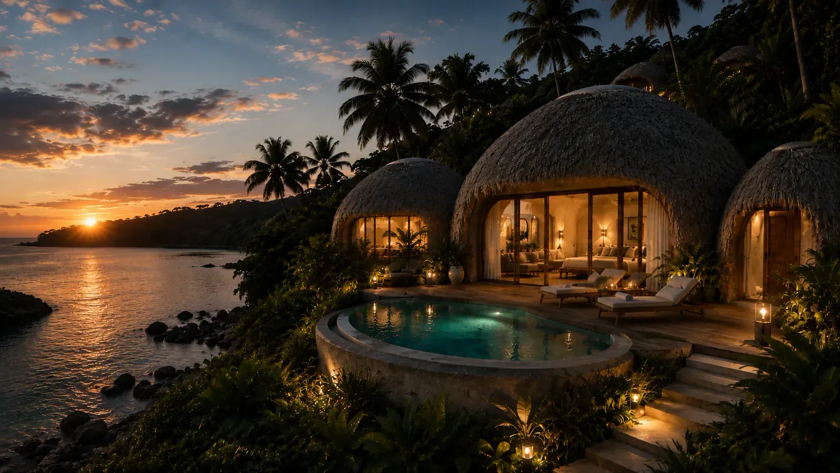Residencias Bubble Paradise frente al mar al atardecer